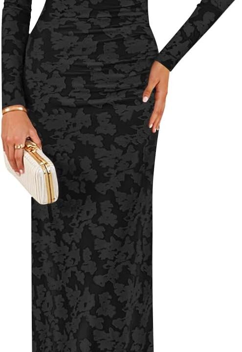 ZESICA Women's Fall Floral Off Shoulder Bodycon Maxi Dresses 2025 Long Sleeve Ruched Elegant Cocktail Party Dress