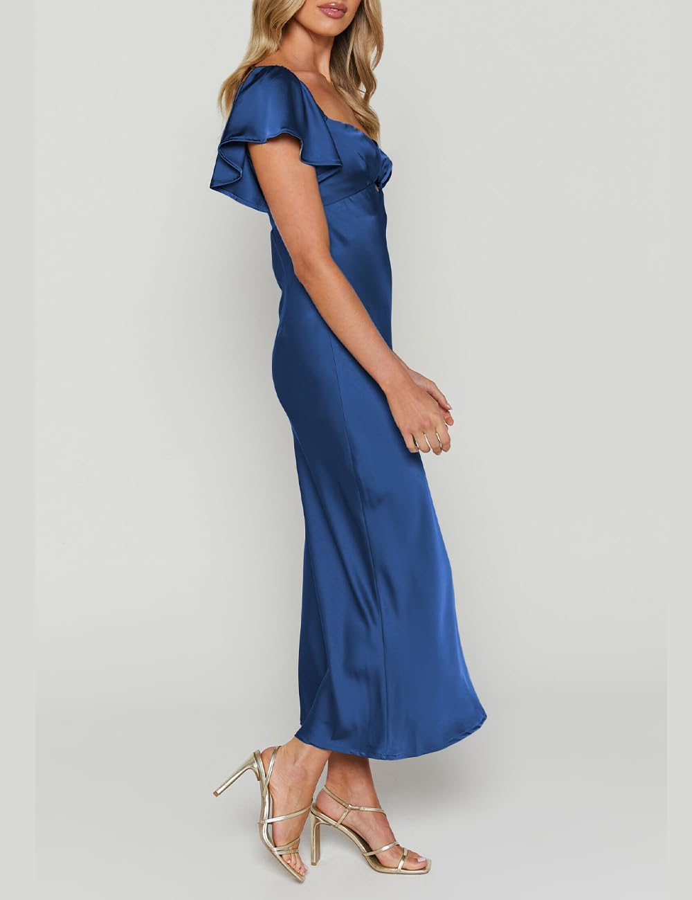 Summer Satin Flutter Sleeve Wedding Guest Dresses for Women Sweetheart Neckline Cutout Tie Back Midi Cocktail Dress