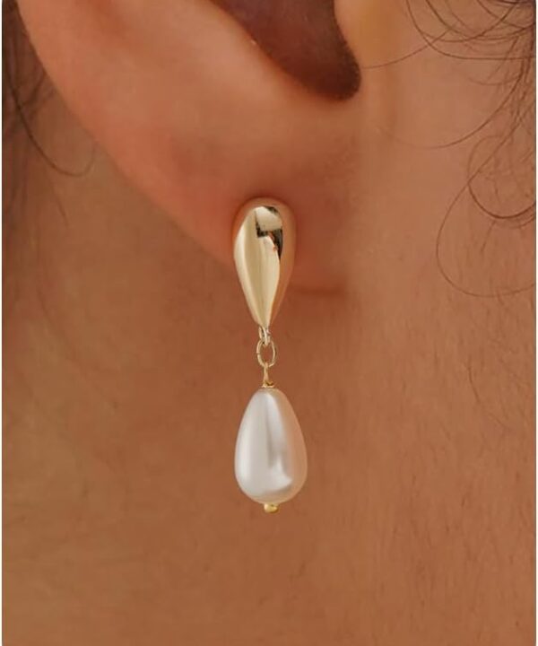 Pearl Earrings-14K Gold Plated Dainty Pearl Drop Simple Wedding CZ Dangle Dangling Cute Stud Earrings for Brides Earrings for Women Gifts