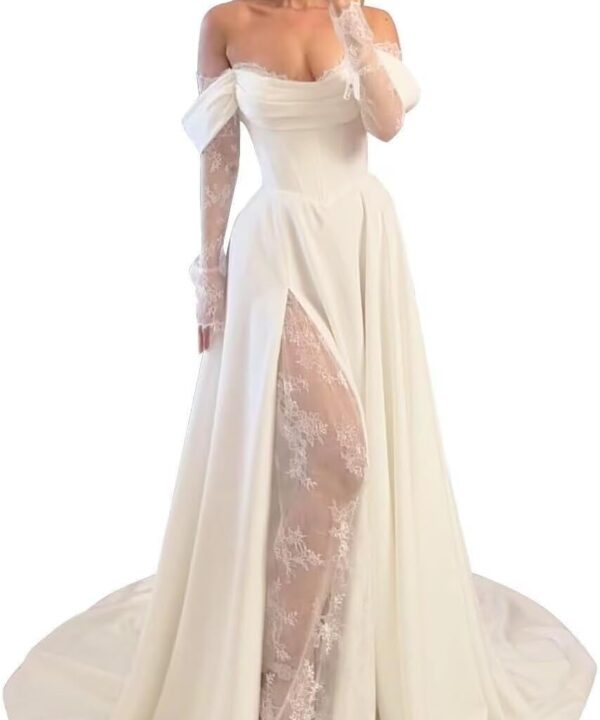 Rjer Off Shoulder Satin Wedding Dresses for Bride Lace Long Sleeve Prom Dresses Ball Gown