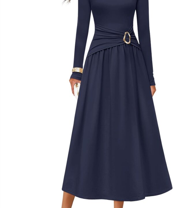 MEROKEETY Women's 2025 Fall Long Sleeve Midi Dress Elegant Boat Neck Ruched Swing Cocktail Party Dresses