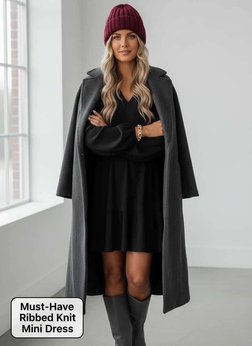 Dokotoo Fall Dresses for Women 2025 Long Sleeve V Neck Lightweight Ribbed Knit Empire Waist Casual A Line Swing Mini Dress