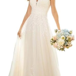 Womens' Beach Wedding Dresses for Bride Vneck Lace Bridal Wedding Gowns for Bride