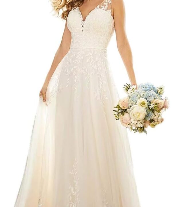 Womens' Beach Wedding Dresses for Bride Vneck Lace Bridal Wedding Gowns for Bride