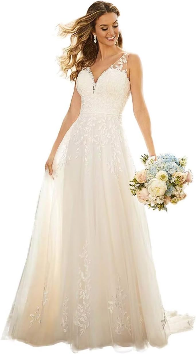 Womens' Beach Wedding Dresses for Bride Vneck Lace Bridal Wedding Gowns for Bride