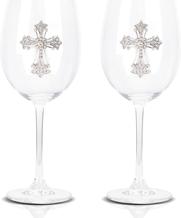 Vipush Wine Glasses Set of 2-19 Oz Drinking Cups with Crucifix Crystal Xmas Holiday Wineglass Gift Winter Glassware Diamond-encrusted Cups for Birthady Gift Cross Valentines Gift