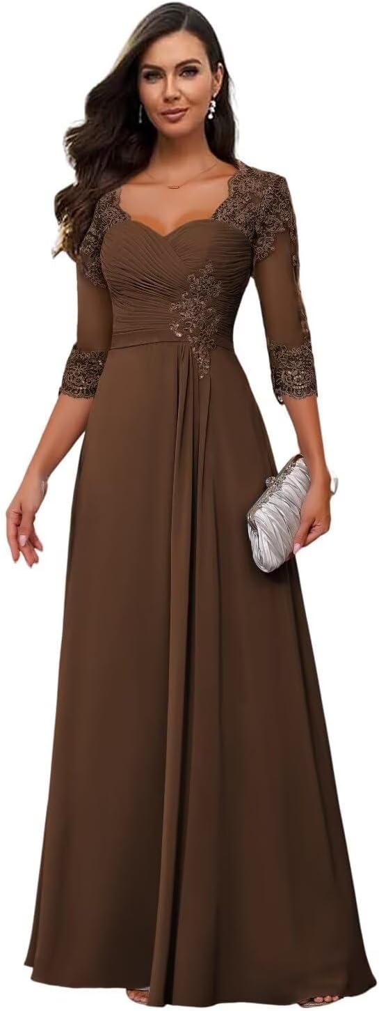 Mother of The Bride Dresses for Wedding with Sleeve Lace Appliques Chiffon Formal Gowns Backless LW154