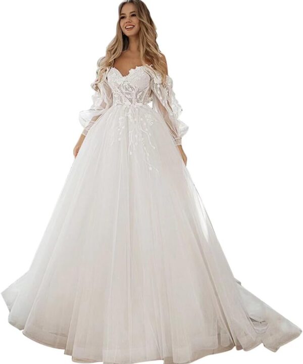 SoDigne Wedding Dresses for Bride 2025 Lace Applique Long Sleeve Tulle Summer Bridal Gowns for Women