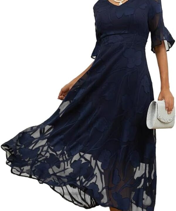 Summer Maxi Dresses for Women 2025 Casual Flutter Sleeve V Neck Cocktail Dress Smocked Elegant Ruffle A-Line Flowy Lace Dress