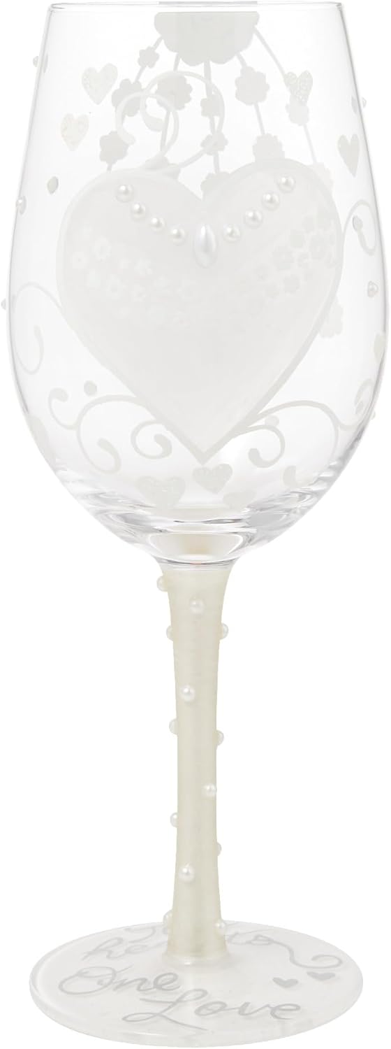 Enesco Lolita Designs Wedding Bride Two Hearts One Love Hand-Painted Artisan Wine Glass, 15 Ounce, Multicolor