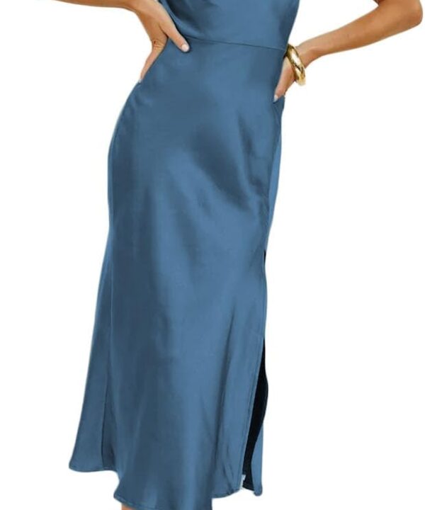 Women's Summer Satin Elegance Backless Twist Cap Sleeves Midi Dress 2025 Sexy Cowl Neck Slit Cocktail Wedding Guest Dresses