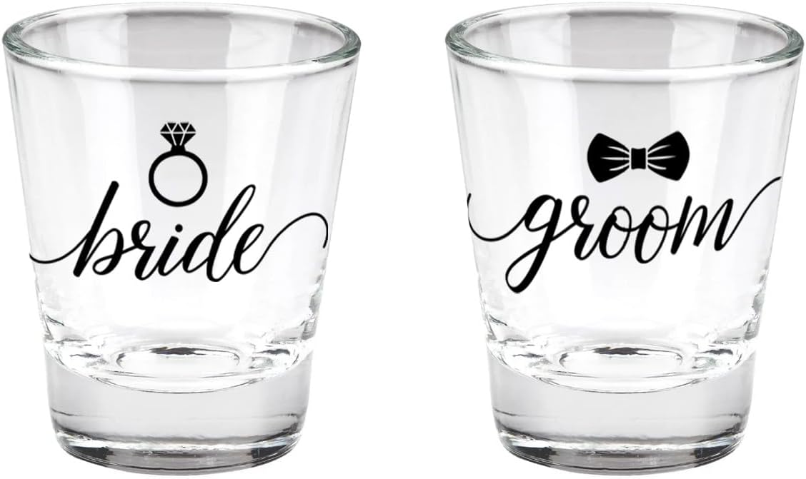 Canopy Street Bride And Groom Shot Glasses / 2 Wedding Shot Glasses/Bachelorette Bachelor Party 1.5 Ounce Small Glass Set