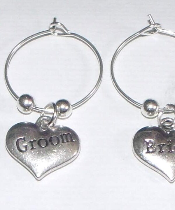 Wine Charms ~ Small Size Bride and Groom Heart Wedding Party Wine Charms Wine Glass Marker Set of 2