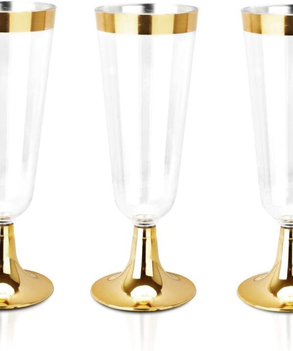 bUCLA 100 Pack Gold Plastic Champagne Flutes - 5OZ Plastic Champagne Glasses With Gold Rim - Premium Quality Gold Disposable Cups-Ideal for Thanksgiving Party, Weddings