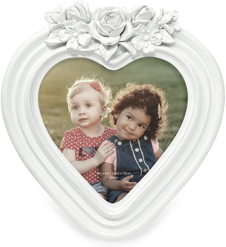 Isaac Jacobs 4×4 Heart-Shaped Resin Picture Frame with Rose Design, Decorative Photo Frame, Tabletop & Wall Display, Hanging Display & Home Décor (White)