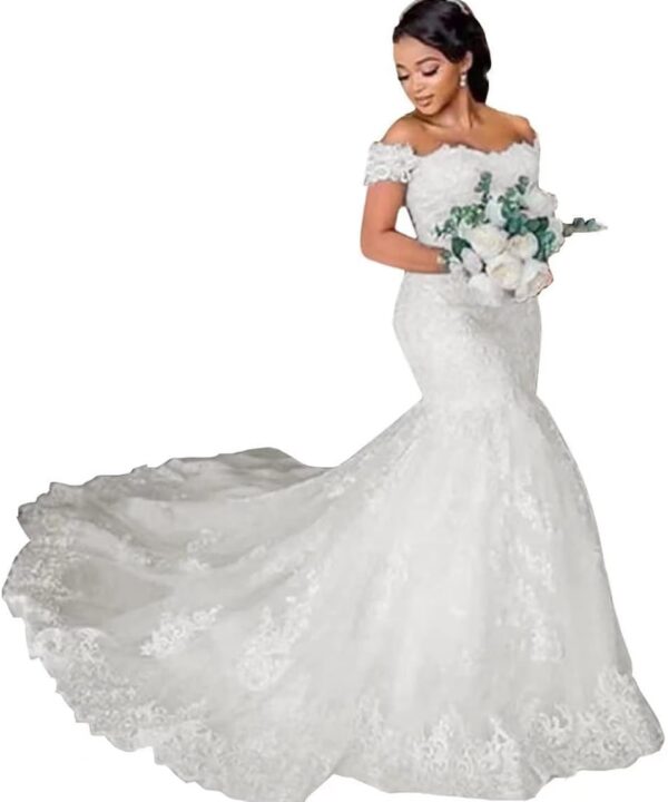 Fanciest Women's Lace Mermaid Wedding Dresses for Bride Long Off Shoulder Bridal Gowns for Women
