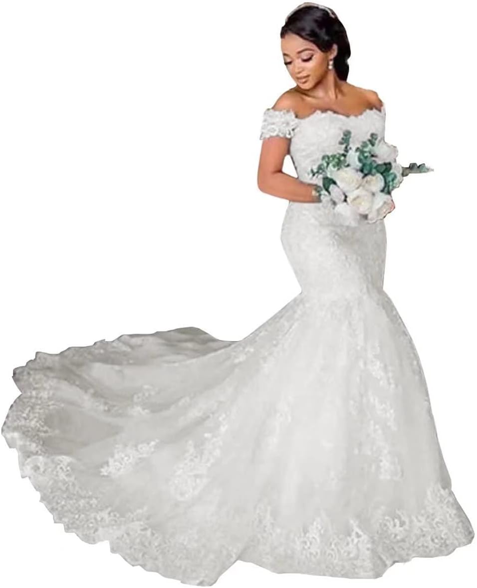 Fanciest Women's Lace Mermaid Wedding Dresses for Bride Long Off Shoulder Bridal Gowns for Women