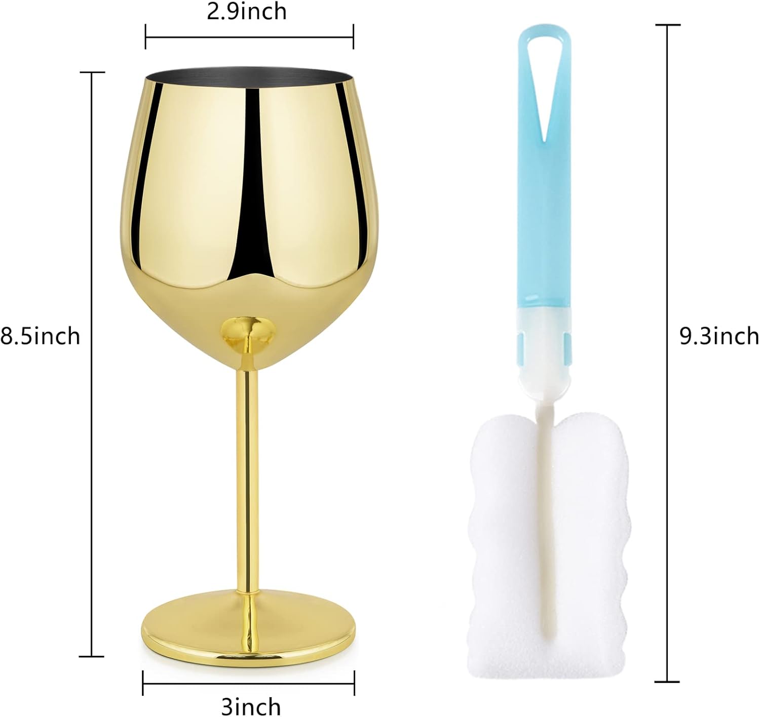 Lifecapido Stainless Steel Wine Glasses Set of 2, 18oz Stainless Steel Wine Goblets, Stemmed Metal Wine Glasses with Cup Brush for Party Office Wedding Anniversary, Great for Red White Wine (Gold)