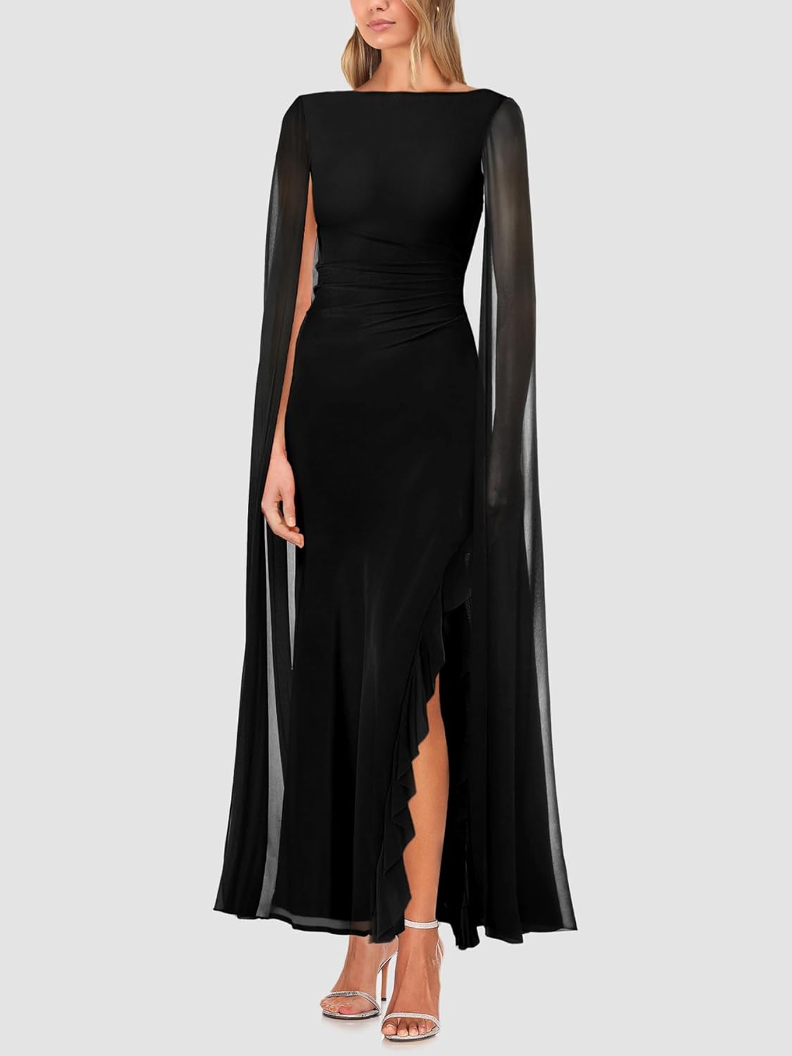 Lrady Womens Formal Evening Gowns High Split Ruffle Wedding Guest Cape Sleeve Cocktail Party Maxi Dresses