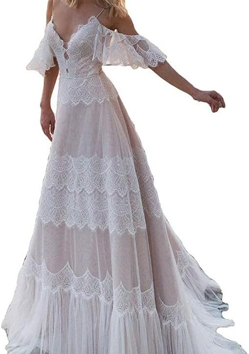 Women's Wedding Dresses Chic Lace Evening Dresses V Neck Ruffle Sleeves Beachy Boho Outdoorsy Wedding Gowns
