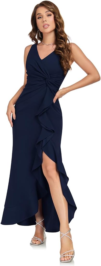 OEZ Long Formal Dresses for Women Wedding Guest Elegant Evening Party Cocktail Dress Sexy V Neck Sleeveless Gowns Dresses