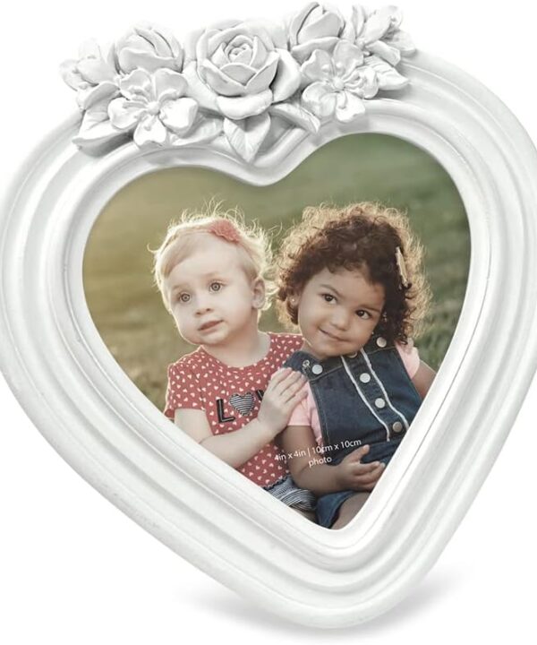 Isaac Jacobs 4x4 Heart-Shaped Resin Picture Frame with Rose Design, Decorative Photo Frame, Tabletop & Wall Display, Hanging Display & Home Décor (White)