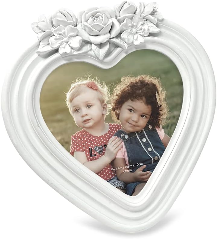 Isaac Jacobs 4x4 Heart-Shaped Resin Picture Frame with Rose Design, Decorative Photo Frame, Tabletop & Wall Display, Hanging Display & Home Décor (White)