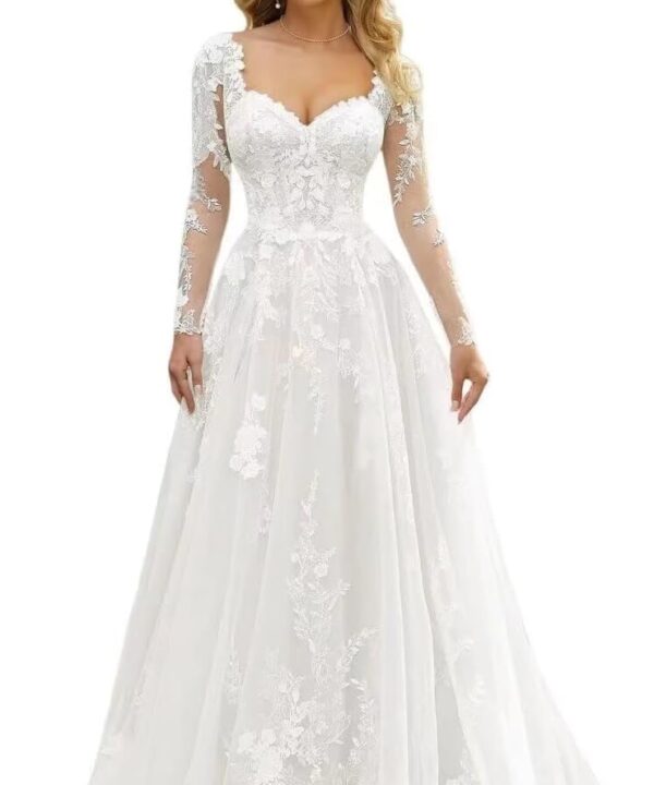 Lace Appliques V Neck Long Boho Bride Dress with Train Beach Mermaid Wedding Dresses for Bride 2025 ZTL051