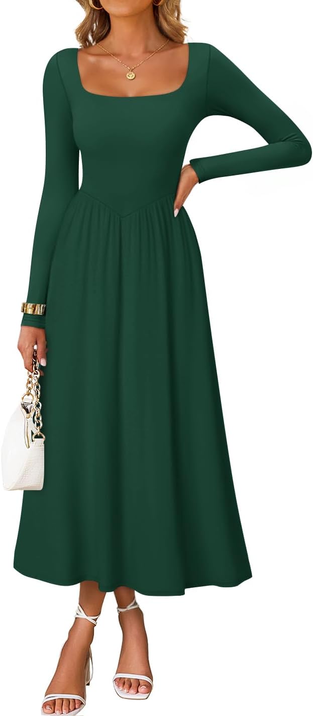 ZESICA Fall Dresses for Women 2025 Elegant Classy Square Neck Long Sleeve Flowy Wedding Guest Party Midi Dress
