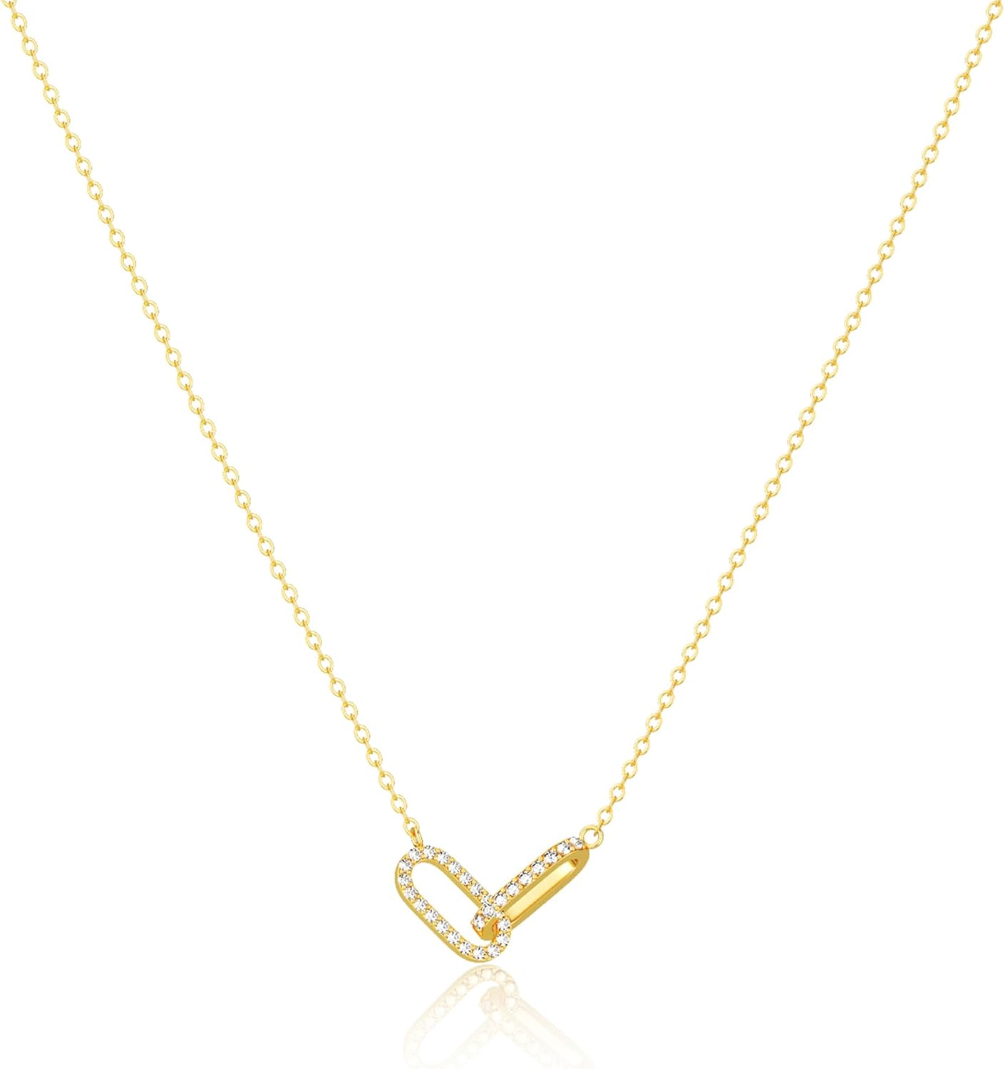 Freekiss Gold Pendant Necklace for Women, Dainty Diamond Necklaces for Women Simple 14K Gold Plated Paperclip Choker Necklaces Cute Minimalist Open Oval Necklaces Gold Jewelry for Women Gifts