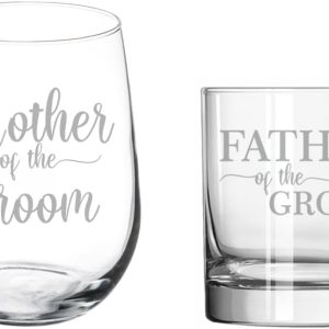 Set of 2 Glasses Stemless WINE & ROCKS Whiskey Gift Mother Of The Groom & Father Of The Groom