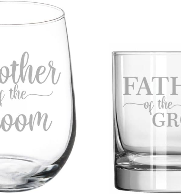 Set of 2 Glasses Stemless WINE & ROCKS Whiskey Gift Mother Of The Groom & Father Of The Groom