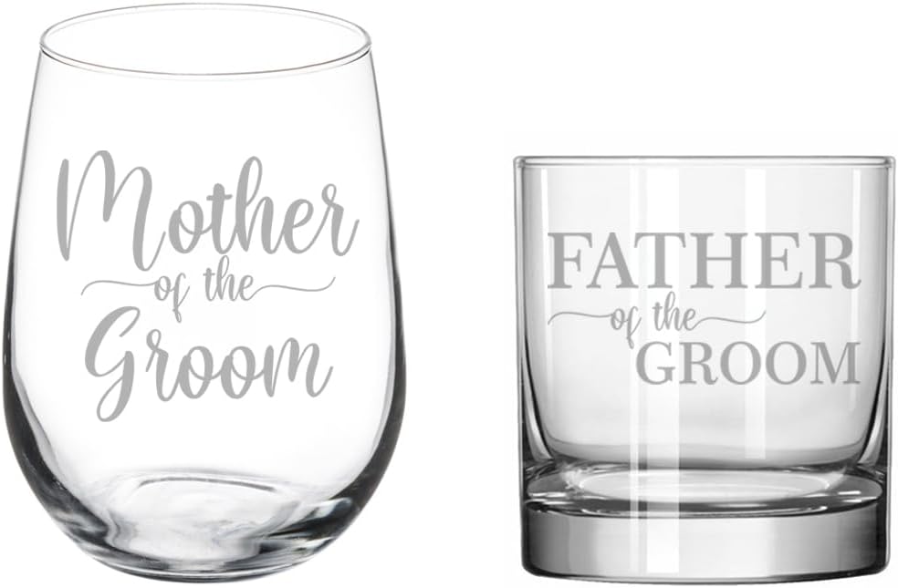 Set of 2 Glasses Stemless WINE & ROCKS Whiskey Gift Mother Of The Groom & Father Of The Groom