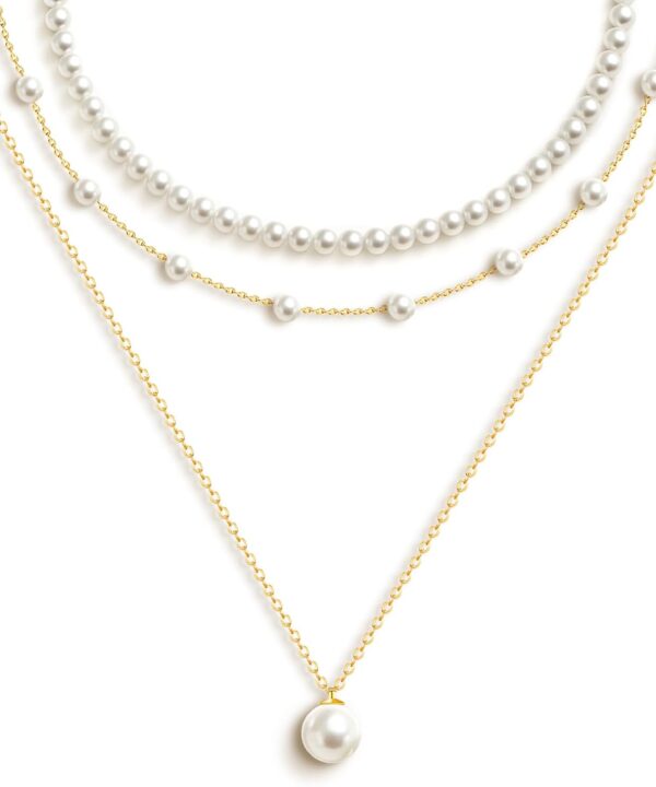 Zeffy Gold Pearl Necklace for Women, Dainty 14K Gold/Silve Plated Layered Pearl Choker Pearl Earrings Pearl Bracelets Wedding Trendy Gold Jewelry Set for Women Gifts