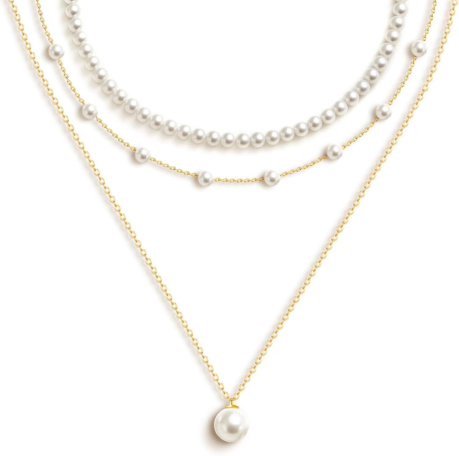 Zeffy Gold Pearl Necklace for Women, Dainty 14K Gold/Silve Plated Layered Pearl Choker Pearl Earrings Pearl Bracelets Wedding Trendy Gold Jewelry Set for Women Gifts