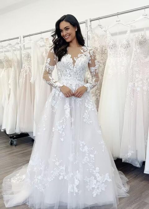 Miao Duo Women’s Elegant Lace Beach Wedding Dresses for Bride 2025 with Sleeves Wedding Bridal Gowns YZTS014