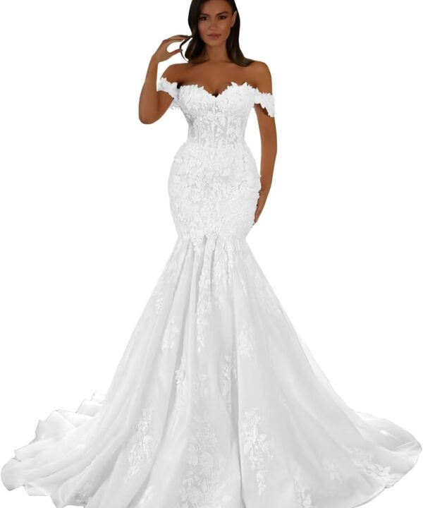 Zeeyecie Off Shoulder Tulle Wedding Dresses Mermaid Lace Applique V-Neck Sparkly Bridal Gowns with Train for Brides