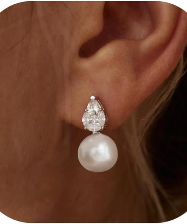 Pearl Earrings for Women, 14k Gold Plated CZ Formal Pearl Stud Earring Hypoallergenic Gold Earrings for Women Trendy Dainty Bridal Pearls Drop Earrings Fashion Wedding Jewelry
