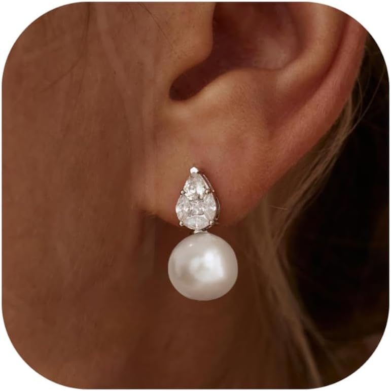 Pearl Earrings for Women, 14k Gold Plated CZ Formal Pearl Stud Earring Hypoallergenic Gold Earrings for Women Trendy Dainty Bridal Pearls Drop Earrings Fashion Wedding Jewelry