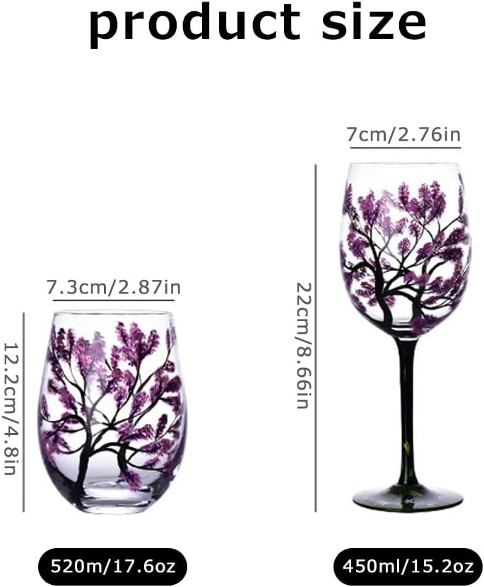 Grehge and Painted Wine Glass Four Seasons Tree Wine Glasses Fall Leaves Flower Seasons Colored Wine Glasses for Wine Cocktails Novelty Gift for Birthdays Weddings(Stemless glass)