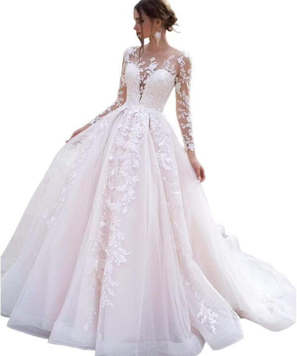 Women's Long Sleeve Wedding Dresses for Bride 2025 Lace Appliques Petite Plus Size Bridal Gowns