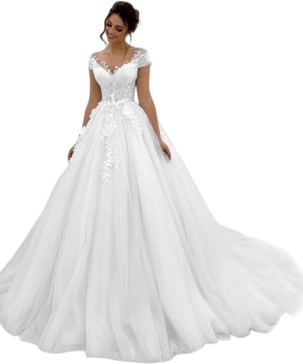 Off Shoulder Lace Applique Wedding Dress for Bride Strapless A-Line Satin Pleated Tulle Bridal Ball Gown with Corset