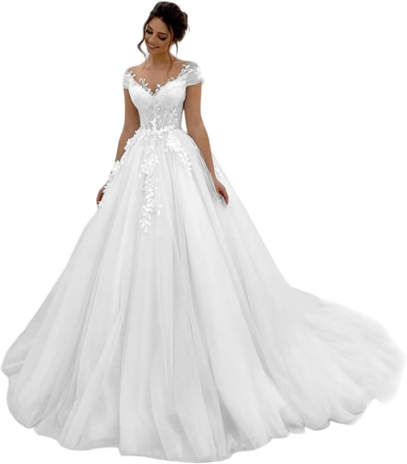 Off Shoulder Lace Applique Wedding Dress for Bride Strapless A-Line Satin Pleated Tulle Bridal Ball Gown with Corset