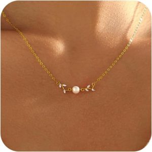 Pearl Necklaces for Women, 14K Gold Plated Charm Necklace Cute Pearl Pendant Necklace Dainty Gold Necklaces for Women Trendy Gold Jewelry