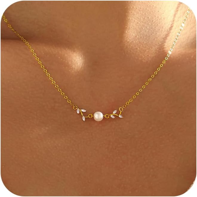 Pearl Necklaces for Women, 14K Gold Plated Charm Necklace Cute Pearl Pendant Necklace Dainty Gold Necklaces for Women Trendy Gold Jewelry