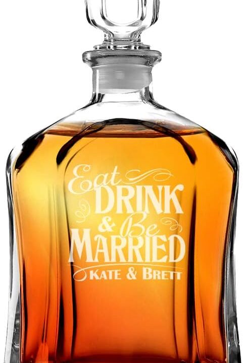 Eat Drink and Be Married Personalized Glass Whiskey Decanter Engraved Wedding Gift for Couple Liquor Bottle Present for Bride Groom Newly Married Just Married Couples