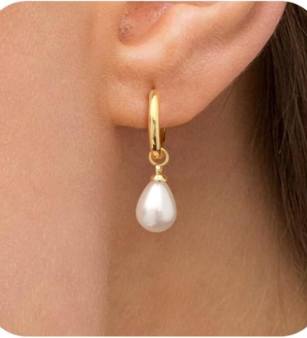 Gold Pearl Dangle Earrings for Women, 14K Gold Plated Small Pearl Drop Huggie Hoop Earrings, Hypoallergenic Dainty Gold Earrings Wedding Jewelry Gifts for Women Trendy