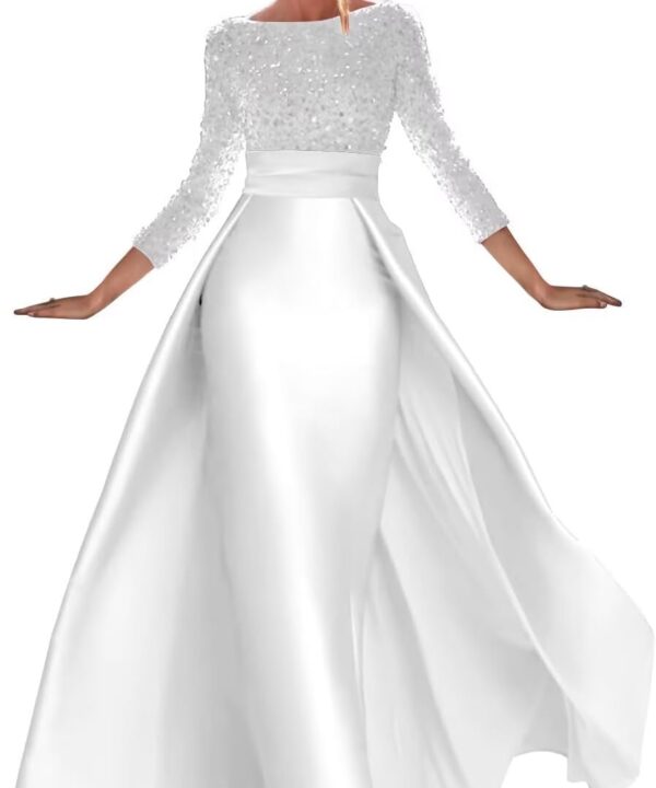 Long Sleeve Prom Dresses for Women Sparkly Sequin Evening Gowns Boat Neck Satin Formal Dress Overskirt