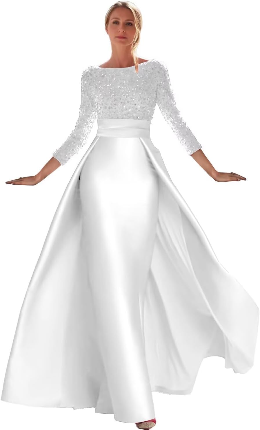 Long Sleeve Prom Dresses for Women Sparkly Sequin Evening Gowns Boat Neck Satin Formal Dress Overskirt