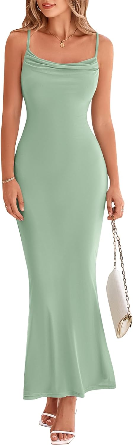 PRETTYGARDEN Women's 2025 Summer Maxi Dress Spaghetti Strap Mesh Slip Bodycon Dress Cowl Neck Cocktail Party Long Dresses